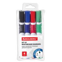 Маркеры стираемые для белой доски НАБОР 4 ЦВЕТА, BRAUBERG "SOFT", 5 мм, резиновая вставка