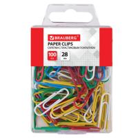 Скрепки BRAUBERG, 28 мм, цветные, 100 шт., в пластиковой коробке