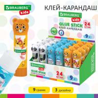 Клей-карандаш "Зверята: панда, слон, леопард", 9 г, фигурный колпачок, BRAUBERG KIDS