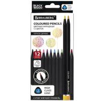 Карандаши цветные чёрное дерево BRAUBERG BLACK WOOD, 12 цветов, трехгранные, мягкий грифель 3 мм
