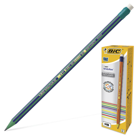 Карандаш чернографитный BIC, 1 шт., "Evolution Stripes", HB, с ластиком, корпус ассорти, 8960342