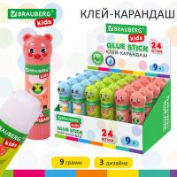 Клей-карандаш "Зверята: кошка, мышка, хрюшка", 9 г, фигурный колпачок, BRAUBERG KIDS