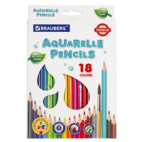 Карандаши цветные акварельные BRAUBERG PREMIUM AQUARELLE, 18 цветов, трехгранные, утолщенный грифель 4 мм, натуральное дерево