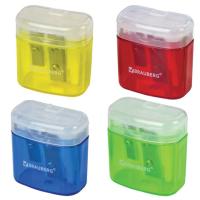 Точилка BRAUBERG "Chief", 2 отверстия для чернографитных и цветных карандашей, с контейнером, с крышкой, ассорти