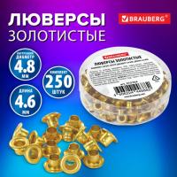 Люверсы золотистые КОМПЛЕКТ 250 шт., внутренний диаметр 4,8 мм, длина 4,6 мм, BRAUBERG