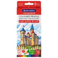 Карандаши цветные мягкие BRAUBERG АКАДЕМИЯ, 12 цветов, шестигранные, грифель 3 мм, натуральное дерево