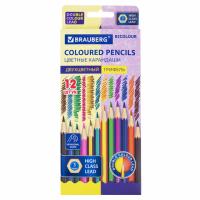 Карандаши с двухцветным грифелем BRAUBERG BICOLOUR, 12 штук, 24 цвета, шестигранные, грифель 3 мм, натуральное дерево