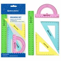 Набор чертежный средний BRAUBERG "Crystal" (линейка 20 см, 2 угольника, транспортир), цветной