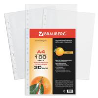 Папки-файлы перфорированные, А4, BRAUBERG "STANDARD", комплект 100 шт., матовые, 30 мкм