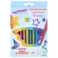 Фломастеры с блестками ЮНЛАНДИЯ 12 цветов, "ЮНЫЙ ВОЛШЕБНИК", ударопрочный наконечник, вентилируемый колпачок, картон