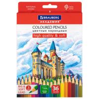 Карандаши цветные мягкие BRAUBERG АКАДЕМИЯ, 36 цветов, шестигранные, грифель 3 мм, натуральное дерево