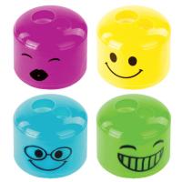 Точилка ПИФАГОР "Смайлики", 2 отверстия для чернографитных карандашей (в том числе утолщенных), с контейнером, пластиковая, ассорти