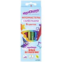 Фломастеры с блестками ЮНЛАНДИЯ 6 цветов, "ЮНЫЙ ВОЛШЕБНИК", ударопрочный наконечник, вентилируемый колпачок, картон