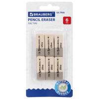 Ластики BRAUBERG "Ultra" 6 шт., размер ластика 41х14х8 мм, серо-белые, натуральный каучук