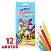 Карандаши цветные стираемые с ластиком ЮНЛАНДИЯ "ЮНЫЙ ВОЛШЕБНИК", 12 цветов, шестигранные, грифель 3 мм, натуральное дерево