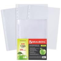 Папки-файлы перфорированные А4 BRAUBERG "PREMIUM", комплект 100 шт., гладкие, "Яблоко", 35 мкм
