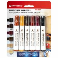 Маркеры для ремонта мебели и изделий из дерева, 6 ЦВЕТОВ, BRAUBERG WOOD