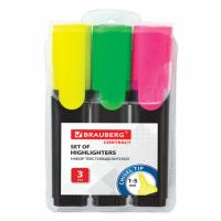 Набор текстовыделителей BRAUBERG 3 шт., АССОРТИ, "Contract", линия 1-5 мм