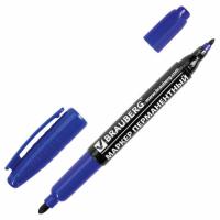 Маркер перманентный двусторонний BRAUBERG, СИНИЙ, круглый наконечник, 2/4 мм