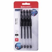 Ручки гелевые с грипом BRAUBERG "EXTRA GT", ЧЕРНЫЕ, НАБОР 4 штуки, стандартный наконечник 0,5 мм, линия 0,35 мм