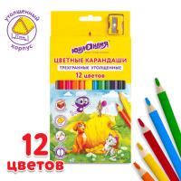 Карандаши цветные утолщенные ЮНЛАНДИЯ "СКАЗОЧНЫЙ МИР", 12 цветов + ТОЧИЛКА, трехгранные, грифель 5 мм, натуральное дерево