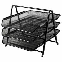 Лоток горизонтальный металлический для бумаг, 3 секции, BRAUBERG "Germanium", А4 (267х355х295 мм), черный