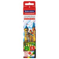 Карандаши цветные мягкие BRAUBERG АКАДЕМИЯ, 6 цветов, шестигранные, грифель 3 мм, натуральное дерево