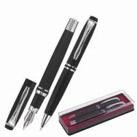 Набор ручек подарочных BRAUBERG Duetto, СИНИЕ, 2 шт.: шариковая, перьевая, черный с хромированными деталями