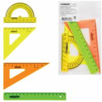 Набор чертежный малый ПИФАГОР (линейка 16 см, 2 треугольника, транспортир), неоновый, пакет