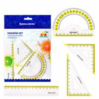 Набор чертежный малый BRAUBERG "FRESH ZONE" (линейка 15 см, 2 треугольника, транспортир), желтая шкала