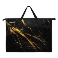 Папка для рисунков и чертежей с ручками BRAUBERG А3, пластик, молния сверху, "Black&gold marble"