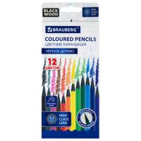 Карандаши цветные BRAUBERG, 12 цветов, шестигранные, грифель 3,3 мм, черное дерево