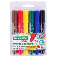 Фломастеры смываемые детские, противоударный наконечник, 6 цветов, BRAUBERG KIDS, ПВХ-упаковка с европодвесом