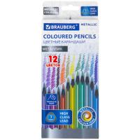 Карандаши цветные BRAUBERG METALLIC, 12 цветов металлик, трехгранные, грифель 3 мм, черное дерево