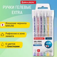 Ручки гелевые БЛЕСТКИ BRAUBERG "EXTRA", НАБОР 6 ЦВЕТОВ, узел 0,7 мм, линия 0,5 мм