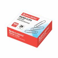 Скрепки BRAUBERG, 28 мм, никелированные, 100 шт., в картонной коробке, Россия