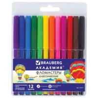 Фломастеры BRAUBERG "АКАДЕМИЯ", 12 цветов, вентилируемый колпачок, ПВХ упаковка