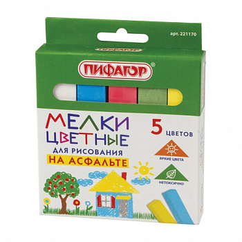 Мел для рисования на асфальте 5 штук, цветной квадратный, ПИФАГОР, картонная упаковка, европодвес