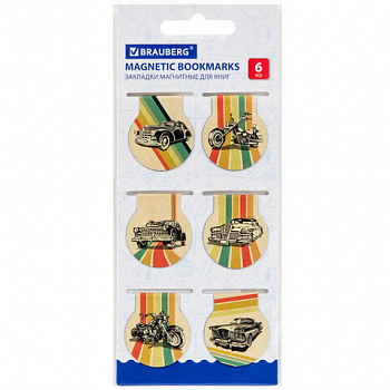Закладки для книг МАГНИТНЫЕ, "AUTO", набор 6 шт., 32х28 мм, BRAUBERG