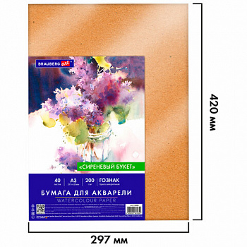 Бумага для акварели А3 40 л., 200 г/м2 ГОЗНАК СПб, в коробке, BRAUBERG ART CLASSIC, "СИРЕНЕВЫЙ БУКЕТ"