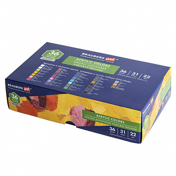 Краски акриловые художественные, НАБОР 36 штук, 31 цвет, в тубах по 22 мл, BRAUBERG ART CLASSIC