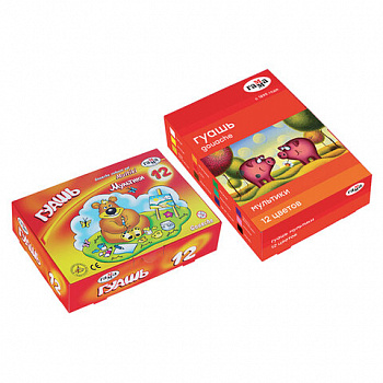 Гуашь ГАММА "Мультики", 12 цветов по 20 мл, картонная упаковка