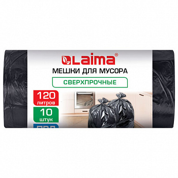 Мешки для мусора 120л черные в рулоне 10 штук сверхпрочные, ПВД 80 мкм, 70x110см, LAIMA