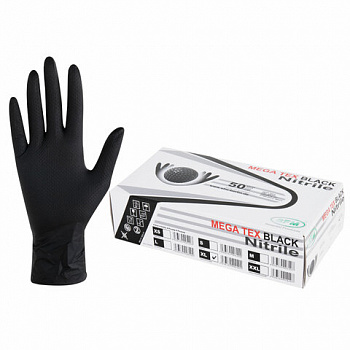 Перчатки нитриловые сверхпрочные с текстурой SFM MEGA TEX BLACK, Германия, 25 пар (50 штук), размер 9-10, XL (очень большой)
