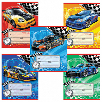 Тетрадь 12 л., HATBER, косая линия, обложка картон, "Спортивные авто" (микс в спайке), 013954, 12Т5В6