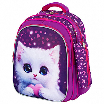 Рюкзак BRAUBERG KIDS MIND с пеналом в комплекте, 2 отделения, "Humble Cat", 40х28х18 см