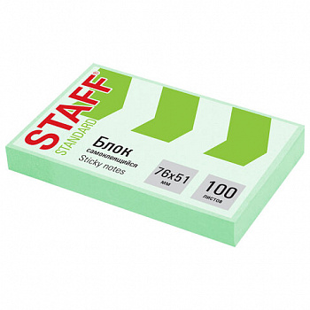 Блок самоклеящийся (стикеры) STAFF STANDARD, ПАСТЕЛЬНЫЙ 76х51 мм, зеленый, 100 листов