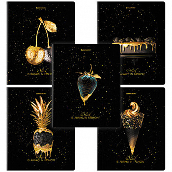 Тетрадь А5, 48 л., BRAUBERG, скоба, клетка, матовая ламинация, фольга, "Black&Gold" (микс в спайке)