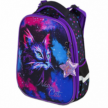 Ранец BRAUBERG PREMIUM, 2 отделения, с брелком, "Neon cat", 38х29х16 см