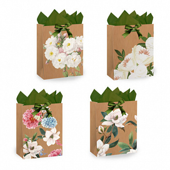 Пакет подарочный (1 штука) 18х10х23см (M) "Flowers", ассорти, глиттер, c тишью, ЗОЛОТАЯ СКАЗКА